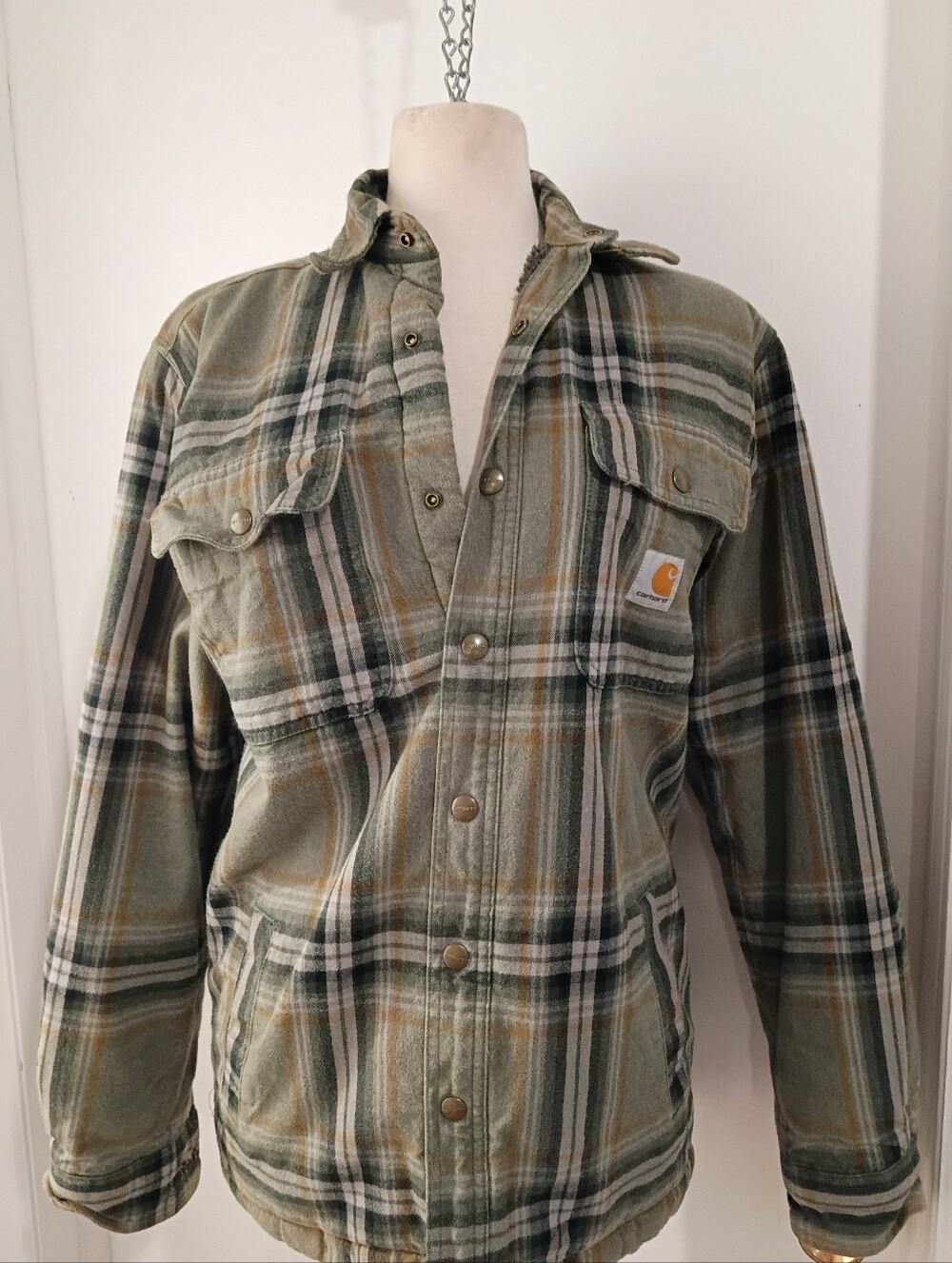 Carhartt Sherpa-Lined Plaid Work Jacket - Olive/Tan SMALL